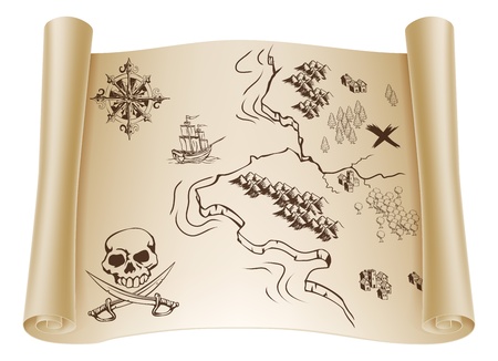 An illustration of an old treasure map on a rolled up paper scroll with x marking the spotのイラスト素材