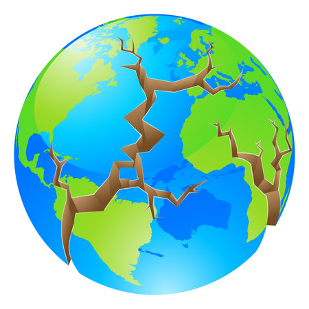 Conceptual illustration of a world crisis concept. The globe with big cracks opening up round it, could a concept for environmental problems or similar.のイラスト素材