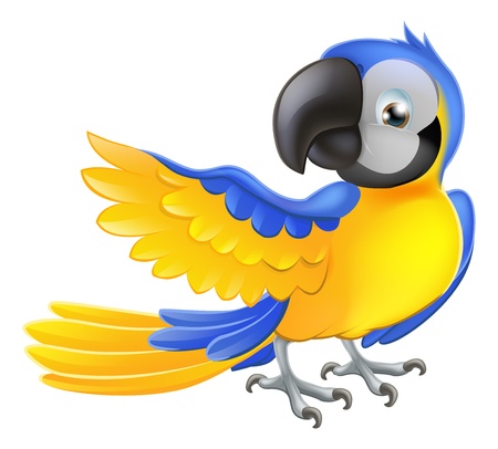 Illustration of a happy blue and yellow cartoon macaw parrot pointing with his wingのイラスト素材