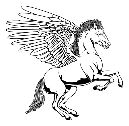 Pegasus horse with wings rearing on its back legs in black and white outlineのイラスト素材