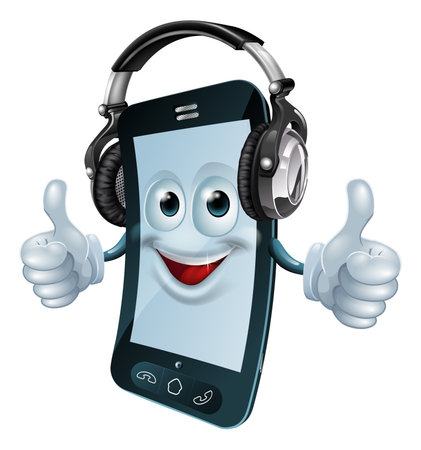 A mobile phone cartoon man with dj headphones on giving the thumbs up. Concept for a music phone app or similar.のイラスト素材