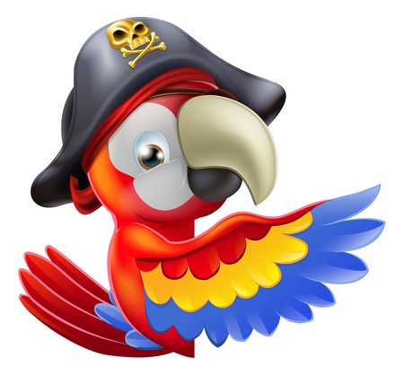 A drawing of a cartoon parrot pirate character leaning round a sign or banner and pointing with his or her wingのイラスト素材