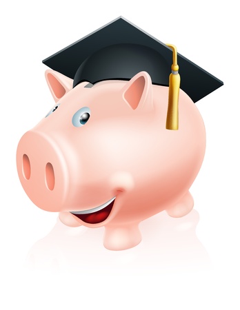 Illustration of a happy academic education savings piggy bank with mortar board convocation  cap on. Concept for saving money for study or similar.のイラスト素材