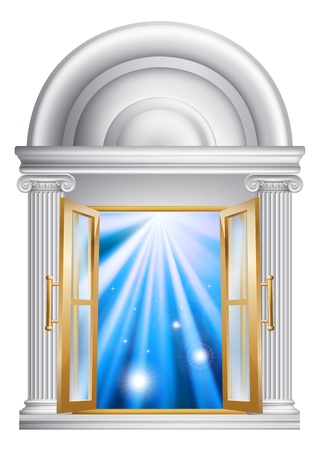 An illustration of an open marble door entrance with blue light on the other side, could be a concept for heaven or the afterlifeのイラスト素材