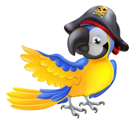 A blue cartoon parrot with a pirate hat and eye patch pointing with its wingのイラスト素材