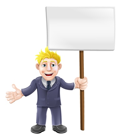 A cartoon illustration of a business guy in a suit holding a sign boardのイラスト素材