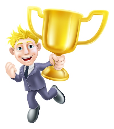 A cartoon business man winner character holding a gold trophy and happily jumping in the airのイラスト素材