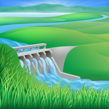Illustration of a hydroelectric dam generating power and electricity のイラスト素材