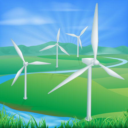 Illustration of a wind farm generating power and electricity のイラスト素材