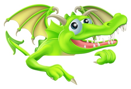 Illustration of a happy cartoon dragon pointing down at a signのイラスト素材