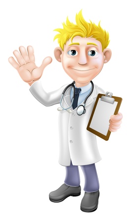 Illustration of a young cartoon doctor waving and holding a clipboardのイラスト素材