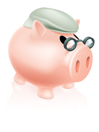 Pension pig money box concept of a a savings piggy bank money box dressed in senior's hat and specs.のイラスト素材