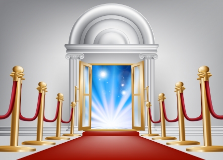 A red carpet entrance with velvet rope and imposing marble doorway leading into an exciting venueのイラスト素材