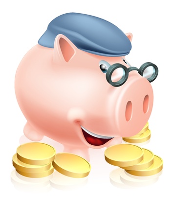 A happy senior piggy bank cartoon character smiling, dressed as an older adult and surrounded by coins. Metaphor for good pension provisions or having saved well for your futureのイラスト素材