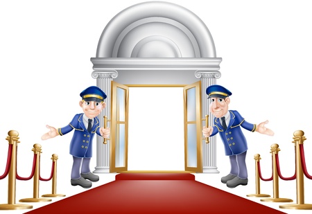 An illustration of a red carpet entrance with velvet ropes and two doormen welcoming the viewer inのイラスト素材