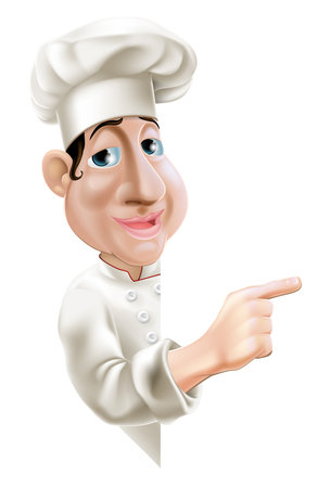 A fun cartoon chef pointing sideways at a sign or bannerのイラスト素材