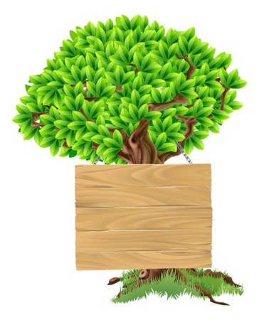 Illustration of a bright green tree with a wooden sign suspended from itのイラスト素材