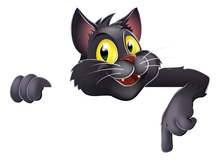 Drawing of a cartoon black Halloween cat leaning over a sign or banner and pointing downのイラスト素材