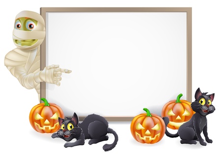 Halloween sign or banner with orange Halloween pumpkins and black witch's cats, witch's broom stick and cartoon Egyptian mummy character
のイラスト素材