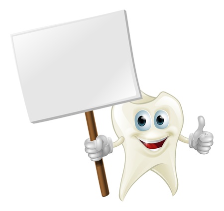 An illustration of a cartoon tooth man character mascot holding a signのイラスト素材
