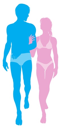 Silhouette illustration of a young couple in love in swimwear walking arm in armのイラスト素材