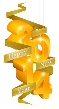 Orange and gold happy new year 2014 ornaments with a ribbon reading happy new yearのイラスト素材