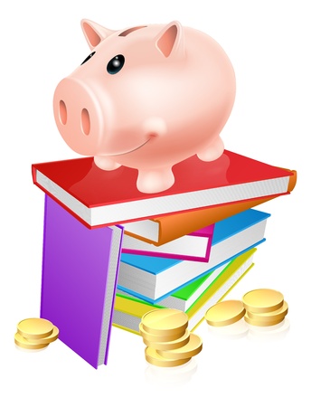A piggy bank standing on a stack of books and surrounded by coins  Concept for eduction savings or other literacy related budget themeのイラスト素材