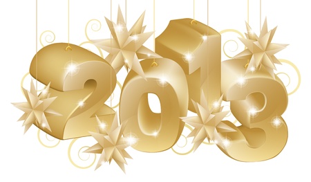 Gold Christmas decorations or Christmas tree baubles reading 2013のイラスト素材