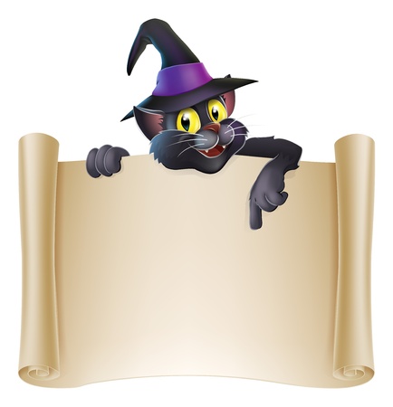Drawing of Halloween black cat in witch hat above a scroll sign pointing downのイラスト素材
