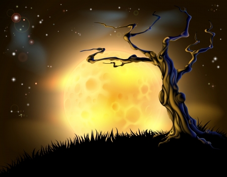 A spooky scary orange Halloween background scene with full moon, clouds, hill, and scary treeのイラスト素材