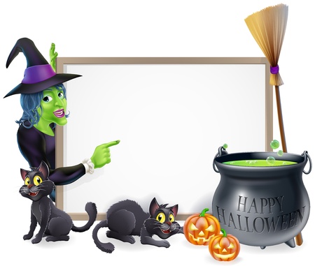 Halloween sign background with cartoon witch and happy Halloween cauldronのイラスト素材