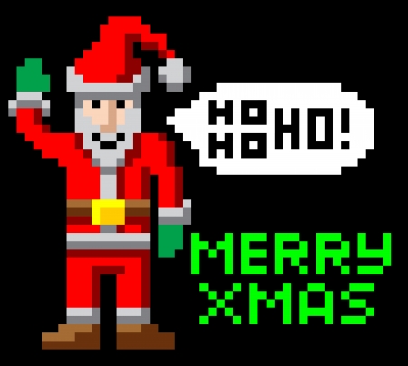 Retro arcade 8-bit video game style pixel art Christmas Santa waving with Merry Xmas messageのイラスト素材
