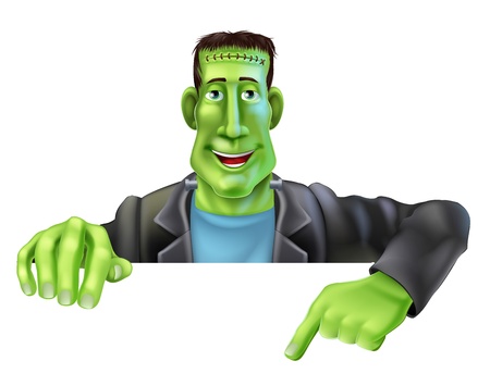 Drawing of a friendly cartoon Frankenstein man peeping over a sign and pointingのイラスト素材