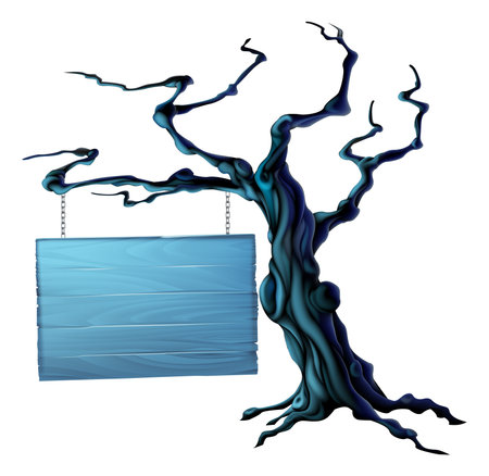 An illustration of a bare spooky scary Halloween tree with a suspended sign hanging from a chain on itのイラスト素材