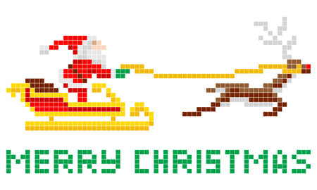 Retro 8-bit arcade video game style pixel art Christmas Santa Claus in sleigh with Merry Xmas messageのイラスト素材