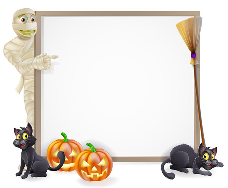 Halloween sign or banner with orange Halloween pumpkins and black witch's cats, witch's broom stick and cartoon mummy monster characterのイラスト素材