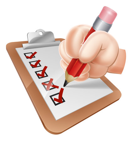 An illustration of a cartoon hand writing on a survey clipboardのイラスト素材