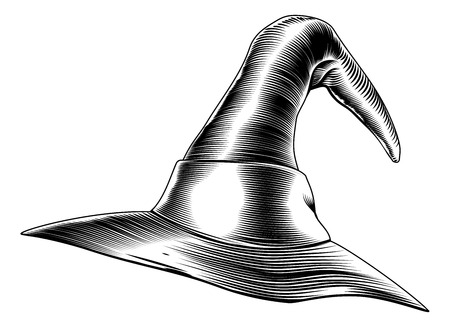 An illustration of a Halloween witch hat in a retro vintage woodblock or woodcut etching styleのイラスト素材
