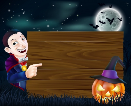 A cartoon Halloween Dracula wooden sign with vampire pointing at a wooden sign and scary pumpkin and bats flying in front of a full moonのイラスト素材