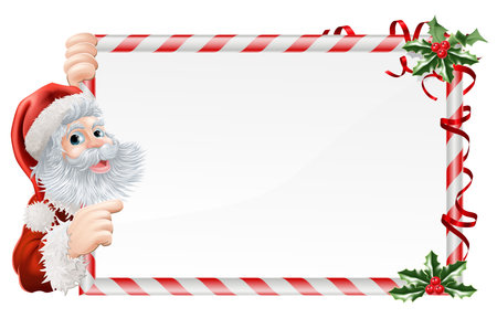Christmas Santa Claus Sign illustration with Santa peeping round a sign decorated with Christmas Holly sprigsのイラスト素材