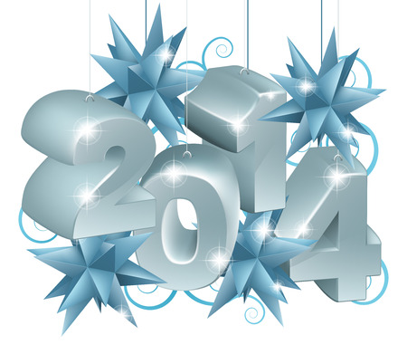 Silver New Year or Christmas 2014 Decorations hanging on string with blue star baubles or ornamentsのイラスト素材