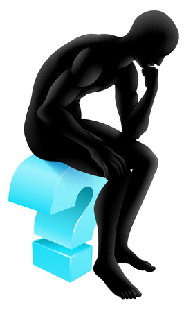 Conceptual illustration of a silhouette man seated on a question mark icon in a thinker pose deep in thought. Could be concept for any questioning or psychology, poetry or philosophy.のイラスト素材