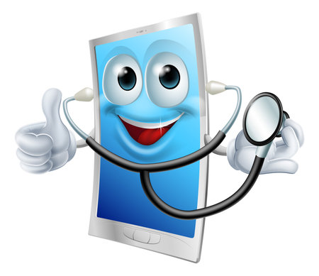 A cartoon phone mascot  holding a stethoscope and doing thumbs upのイラスト素材