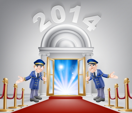 New Year Door 2014 concept of a doormen holding open a door at a red carpet entrance with velvet ropes. Light streaming through it, could be the door to the new future.のイラスト素材