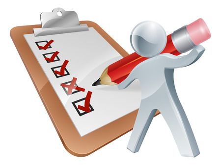 Survey silver person filling out a survey or test of some sort on a big clipboardのイラスト素材