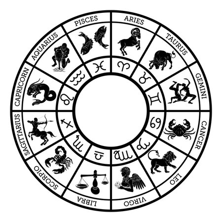 Zodiac sign icons representing the twelve signs of the zodiac for horoscopes arranged round in a circleのイラスト素材