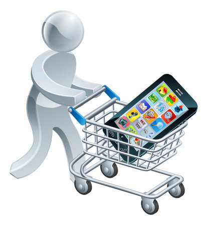 A person pushing a shopping cart or trolley with a large mobile cell phone in itのイラスト素材
