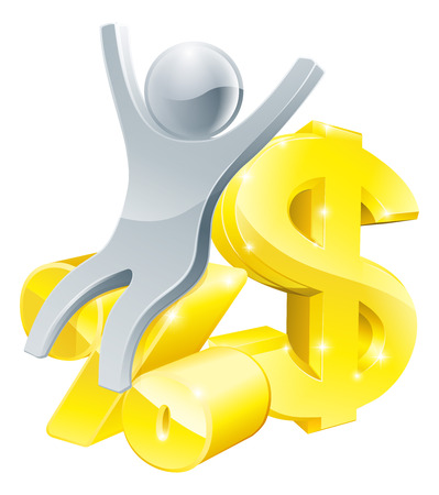Illustration of dollar sign and percentage sign with happy person sitting on it, found the best interest rate, a sale or similarのイラスト素材