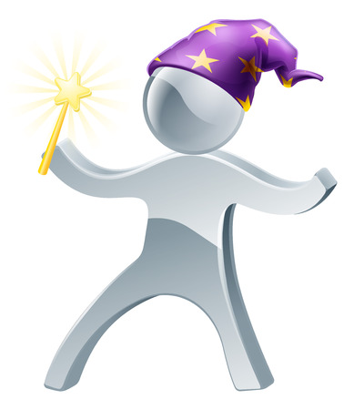 A silver wizard mascot waving a wand with and wearing a pointy hatのイラスト素材