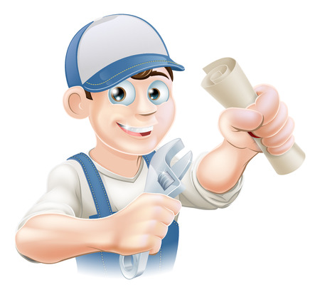 Plumber or mechanic with certificate, qualification or other scroll and wrench. のイラスト素材